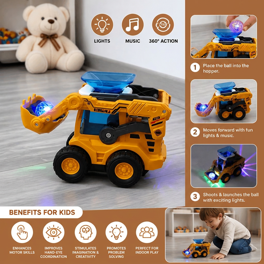 Interactive Light-Up Construction Bulldozer with Ball Launcher for Kids