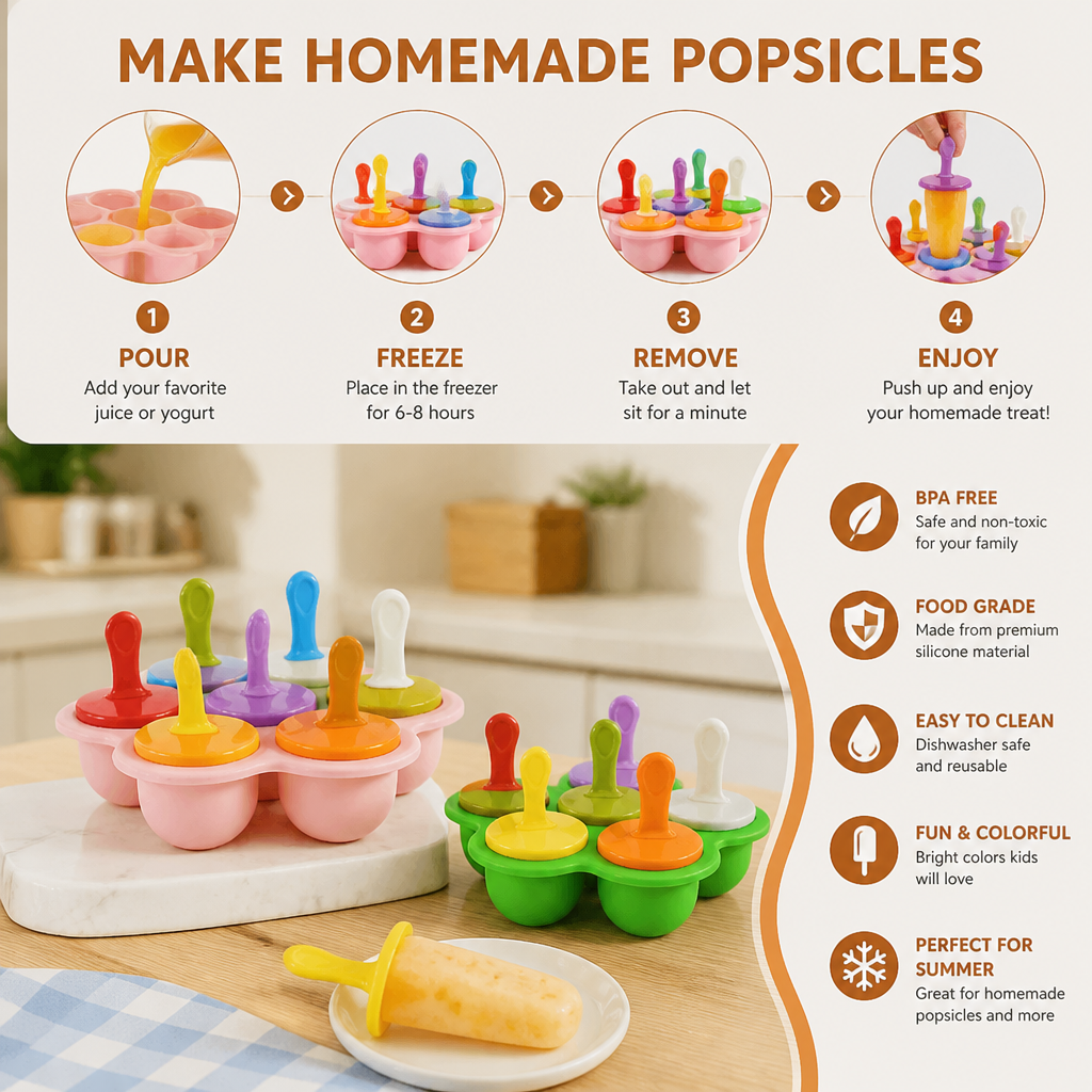7-Piece Silicone Popsicle Mold – Reusable Ice Pop Maker for Kids