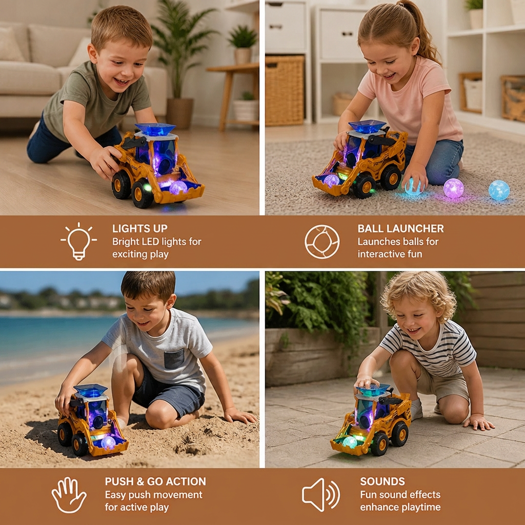 Interactive Light-Up Construction Bulldozer with Ball Launcher for Kids