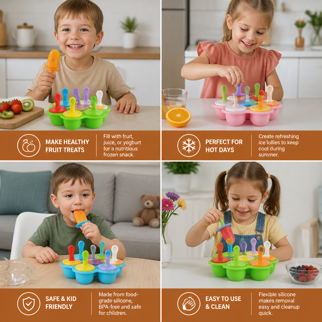 7-Piece Silicone Popsicle Mold – Reusable Ice Pop Maker for Kids