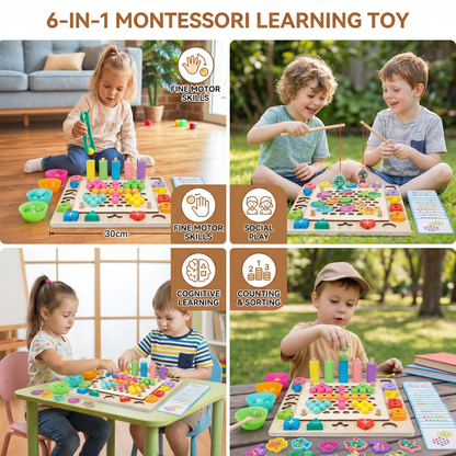 6-in-1 Montessori Wooden Fishing Game – Numbers, Colours & Fine Motor Skills Learning Toy for Kids