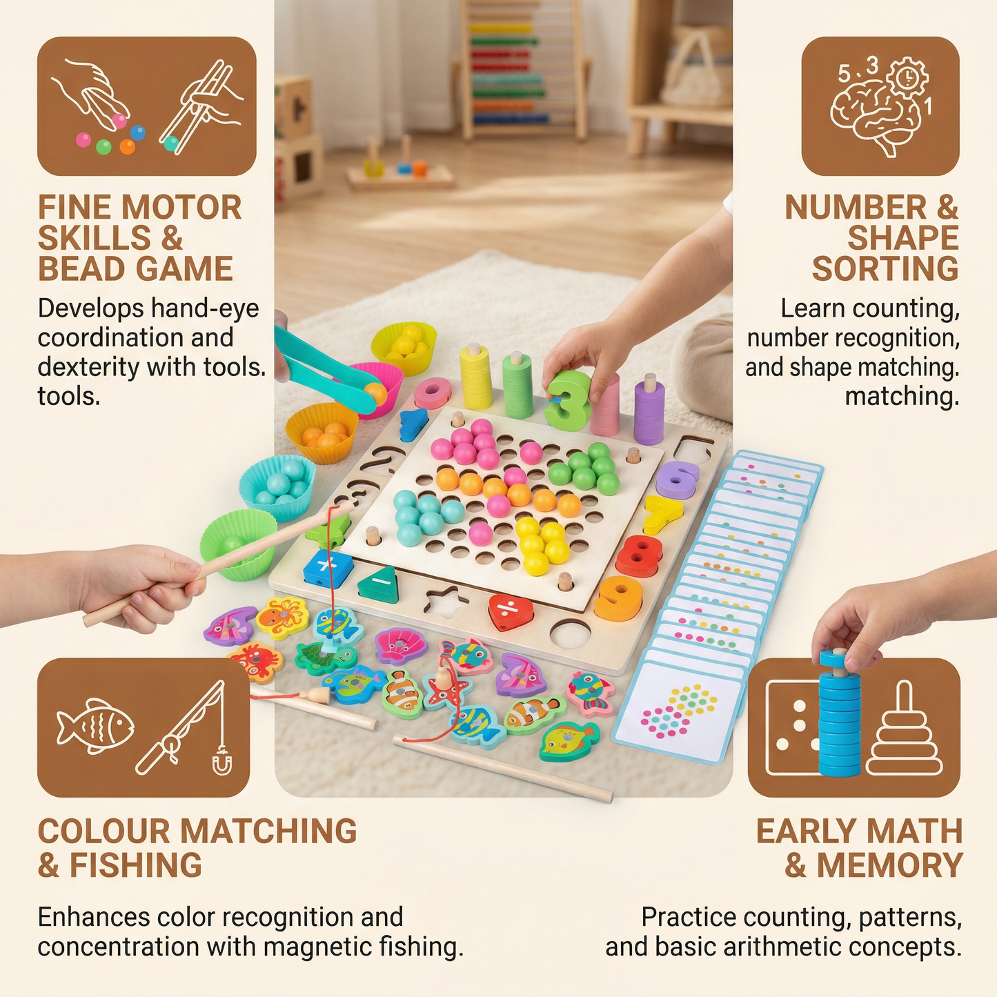 6-in-1 Montessori Wooden Fishing Game – Numbers, Colours & Fine Motor Skills Learning Toy for Kids