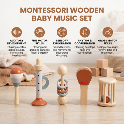 Montessori Wooden Baby Music Set – 5-Piece Sensory Rattle Toy Collection