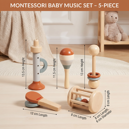 Montessori Wooden Baby Music Set – 5-Piece Sensory Rattle Toy Collection