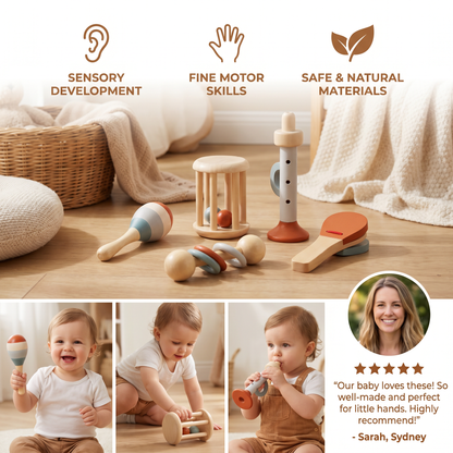 Montessori Wooden Baby Music Set – 5-Piece Sensory Rattle Toy Collection