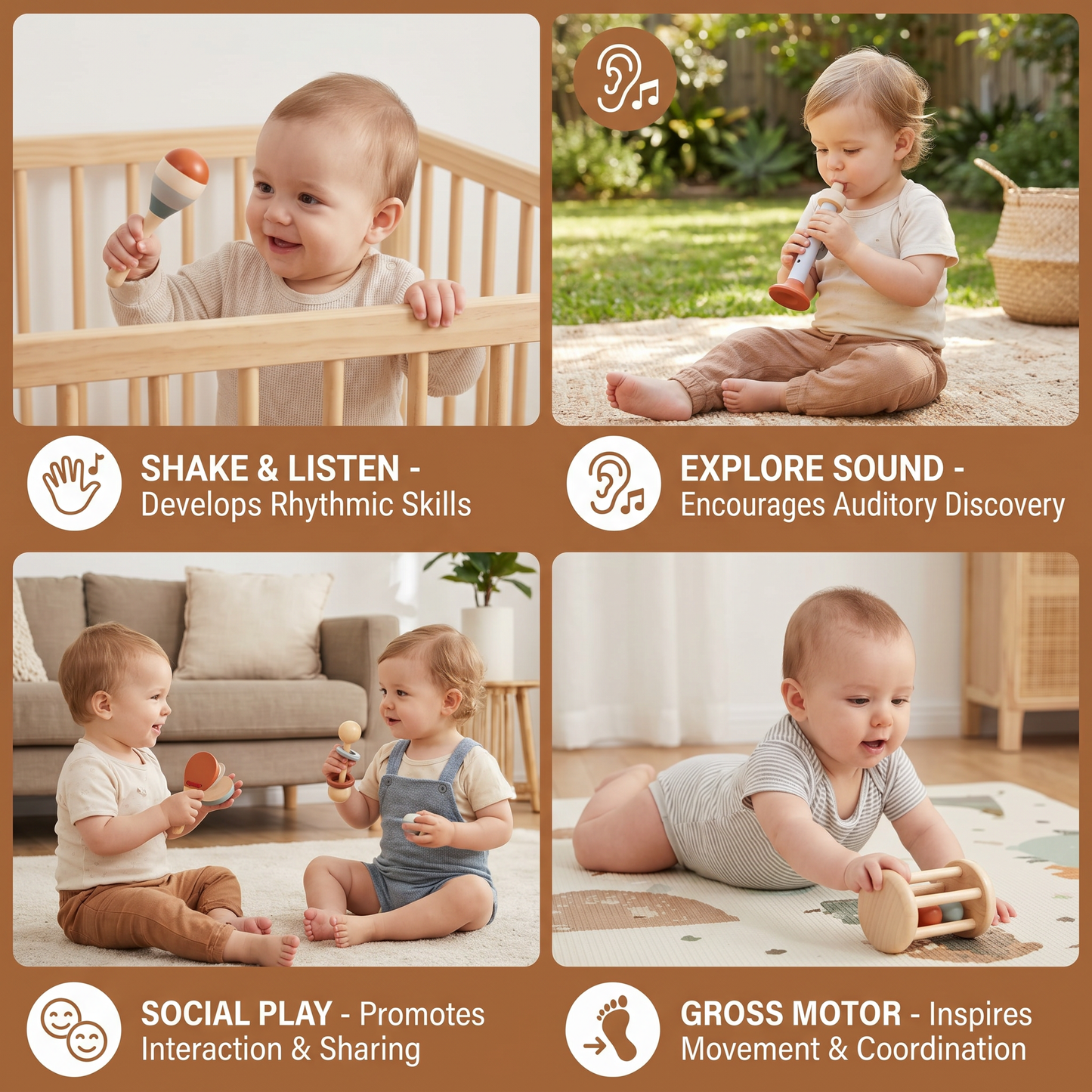 Montessori Wooden Baby Music Set – 5-Piece Sensory Rattle Toy Collection