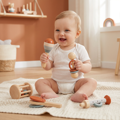 Montessori Wooden Baby Music Set – 5-Piece Sensory Rattle Toy Collection