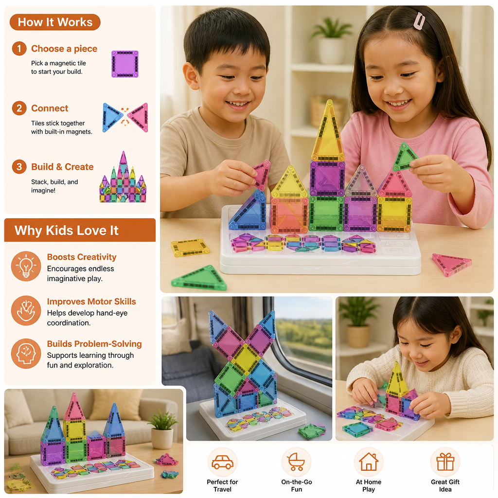 Compact Magnetic Tiles – 40-Piece Montessori Travel Set