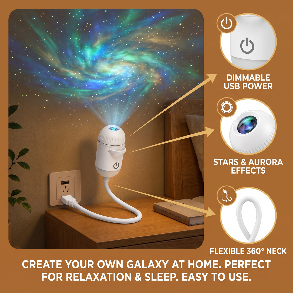 NightSky Dimmable USB Galaxy Projector with Stars & Aurora Effects