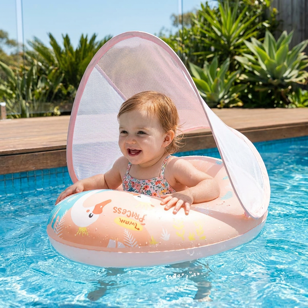 Swan Baby Swim Ring with Sun Canopy – Inflatable Safety Float Seat for Babies