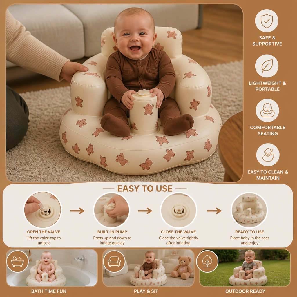 Inflatable Baby Floor Seat with Built-In Pump – Portable & Foldable