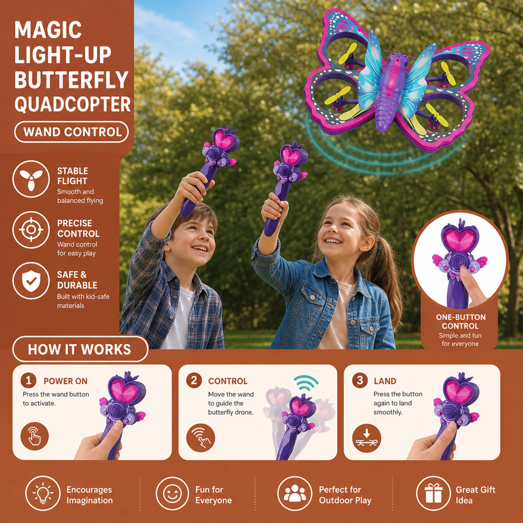Magic Light-Up Butterfly Quadcopter Toy with Wand Control
