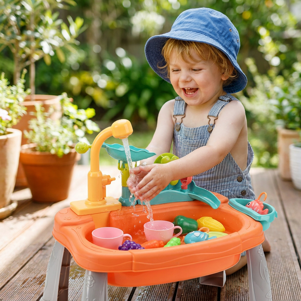 Ergonomic Elevated Kids Kitchen Sink Playset with Electric Running Water