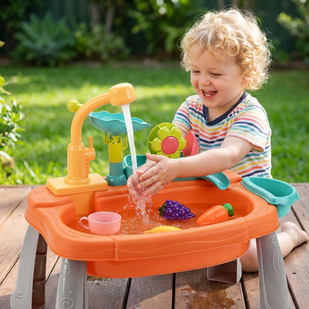 Ergonomic Elevated Kids Kitchen Sink Playset with Electric Running Water