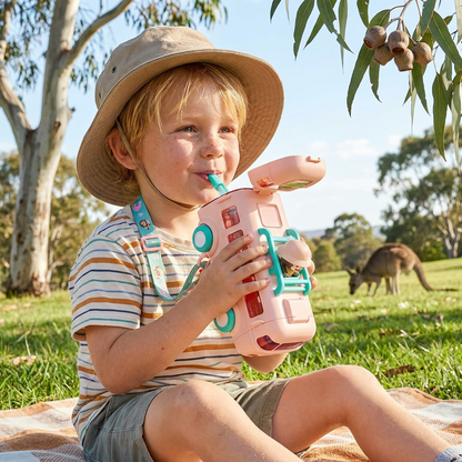 Kids Bus Shaped Water Bottle with Straw and Adjustable Strap