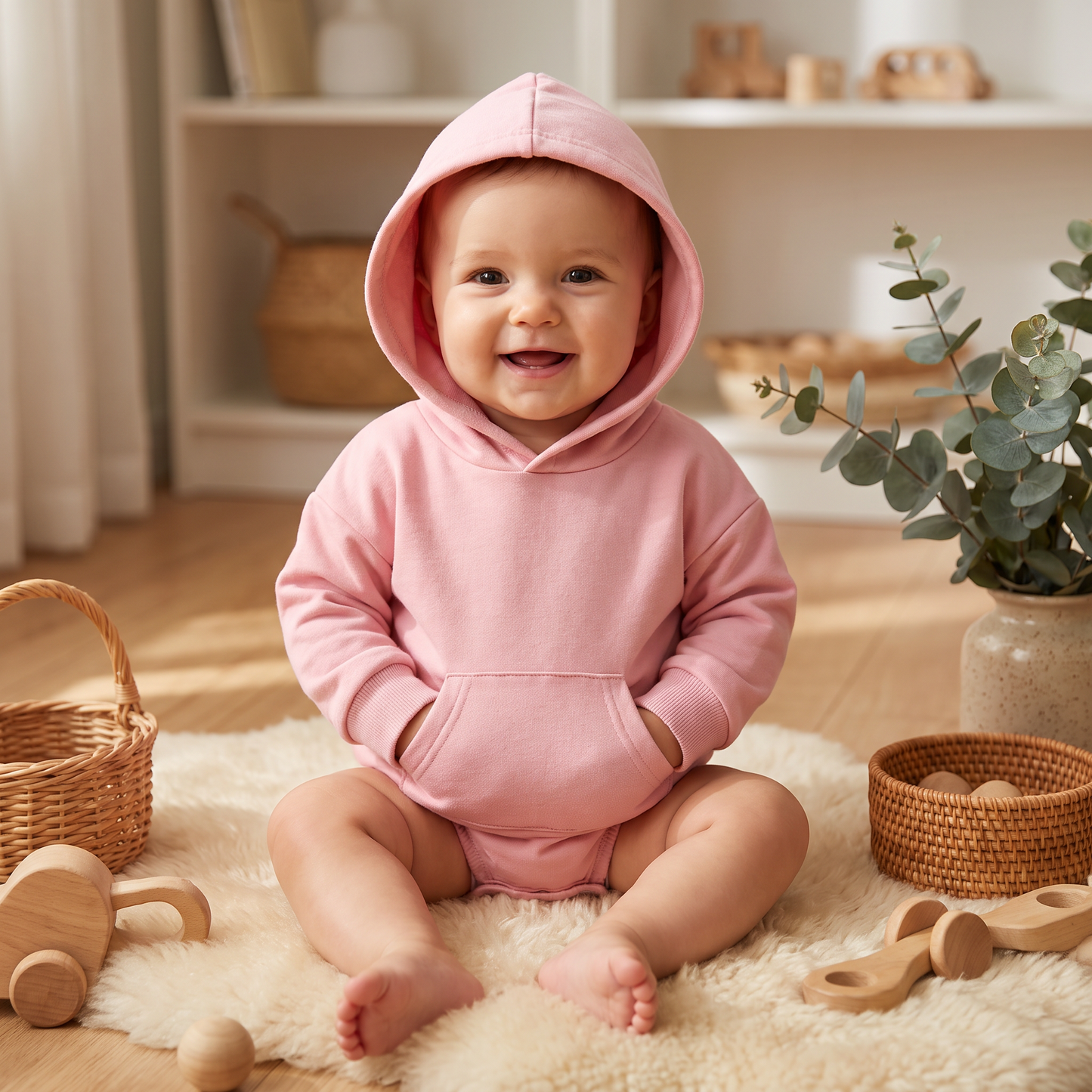 Hooded Baby Romper – Soft Long Sleeve Onesie with Front Pocket