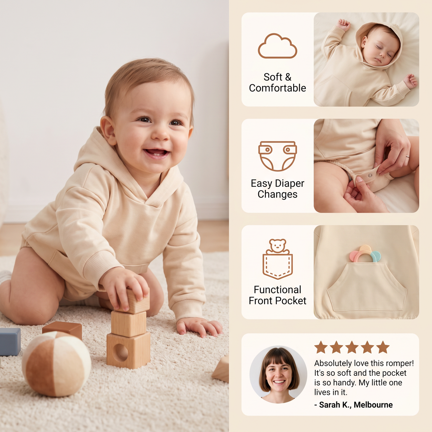 Hooded Baby Romper – Soft Long Sleeve Onesie with Front Pocket