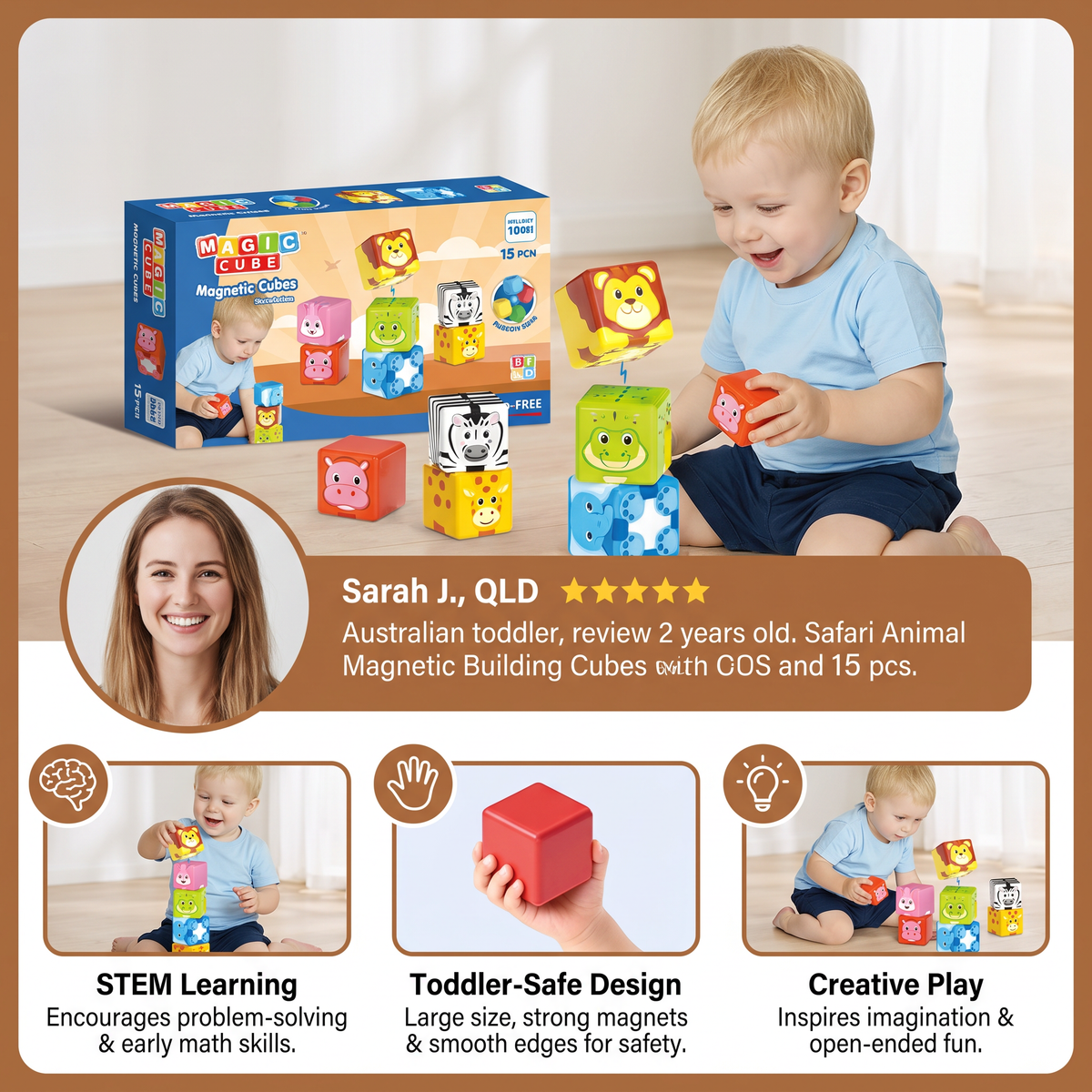 Toddler-Safe 4.2 cm Safari Animal Magnetic Building Cubes – STEM Learning Blocks