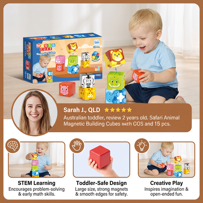Toddler-Safe 4.2 cm Safari Animal Magnetic Building Cubes – STEM Learning Blocks