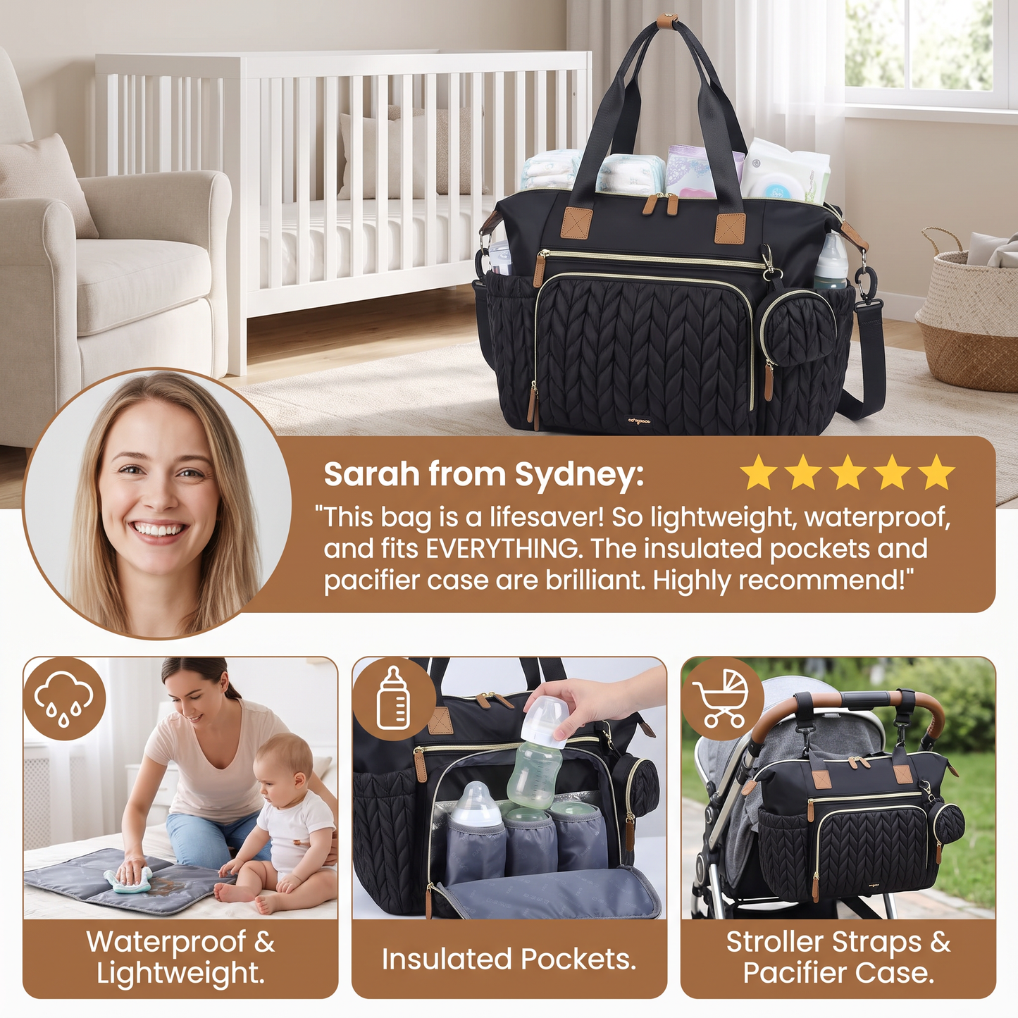 Lightweight Waterproof Diaper Tote Bag – Large Capacity with Changing Pad & Pacifier Case