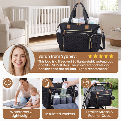 Lightweight Waterproof Diaper Tote Bag – Large Capacity with Changing Pad & Pacifier Case