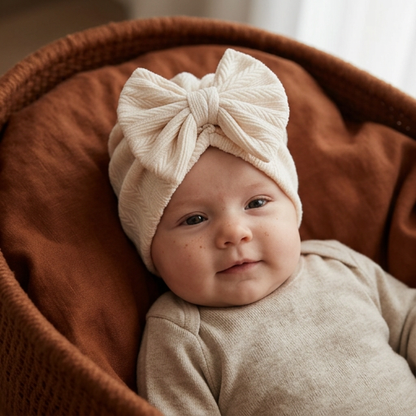 Ruched Baby Turban with Bow – Soft Knit Newborn Hat