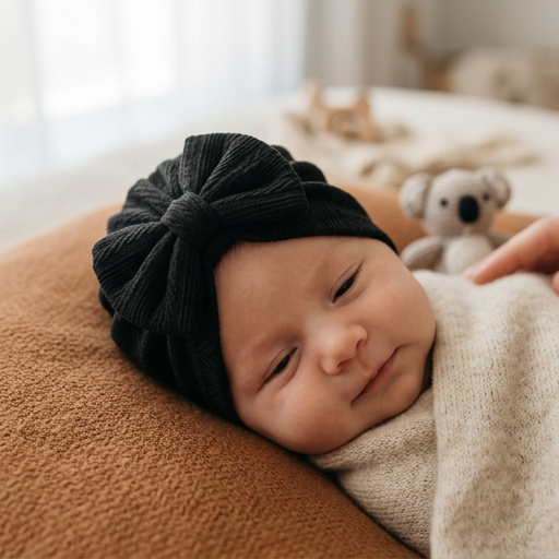 Ruched Baby Turban with Bow – Soft Knit Newborn Hat