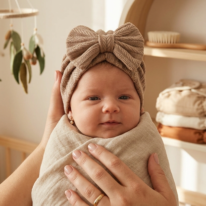 Ruched Baby Turban with Bow – Soft Knit Newborn Hat