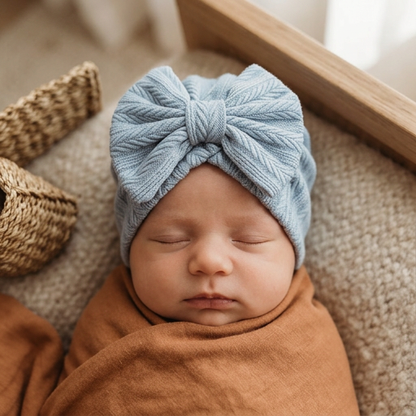 Ruched Baby Turban with Bow – Soft Knit Newborn Hat