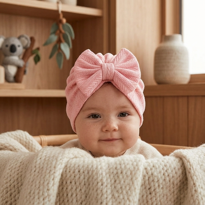 Ruched Baby Turban with Bow – Soft Knit Newborn Hat