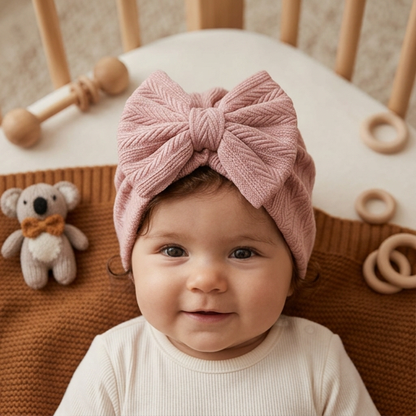 Ruched Baby Turban with Bow – Soft Knit Newborn Hat