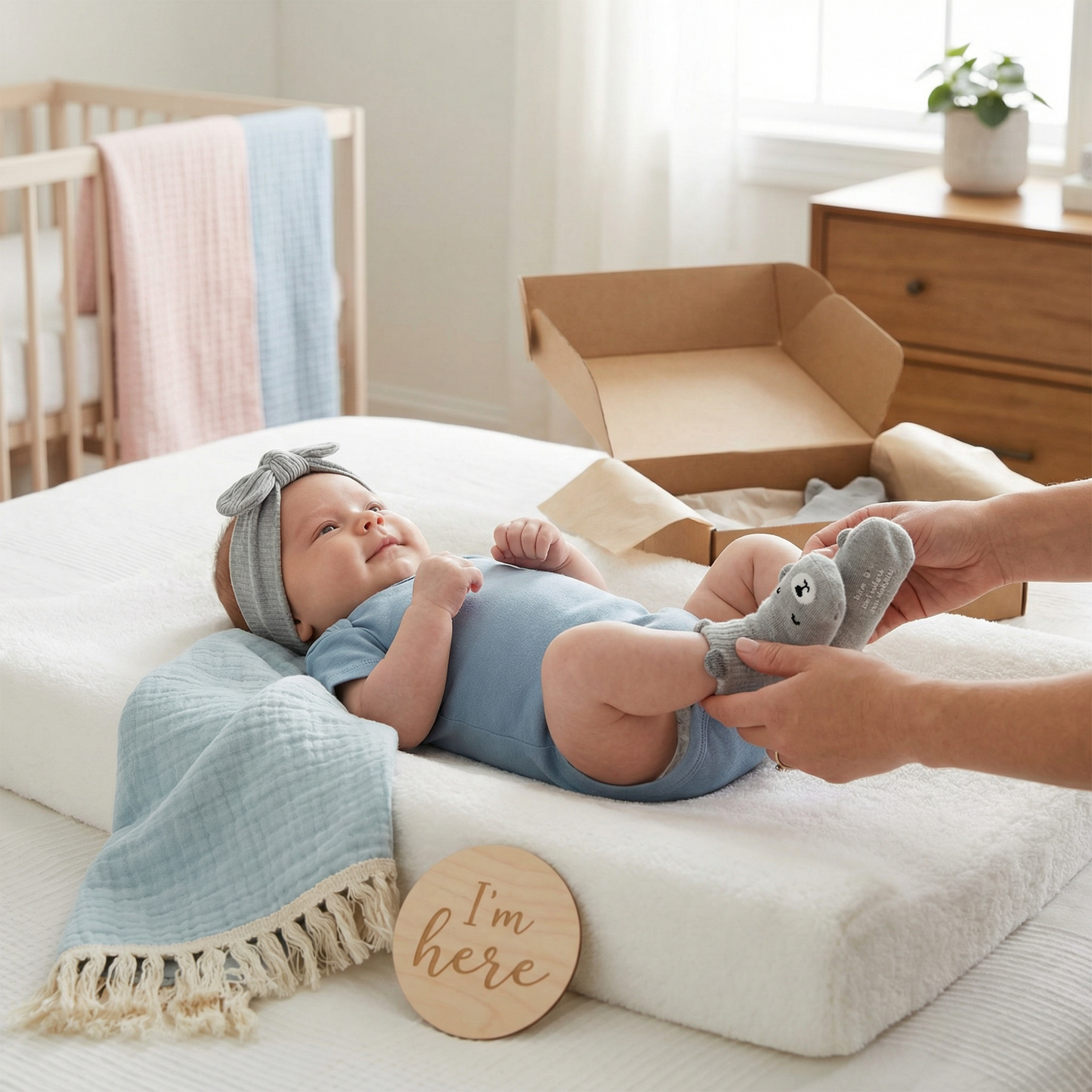 Baby Care Gift Box – Towel, Socks or Headband & Bath Brush for Newborns
