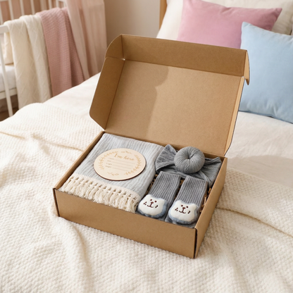Baby Care Gift Box – Towel, Socks or Headband & Bath Brush for Newborns