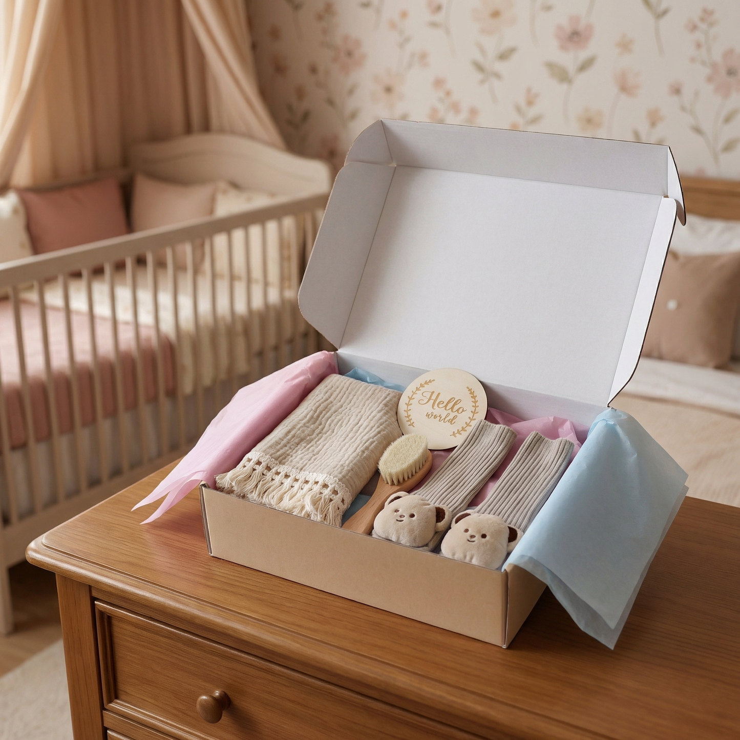 Baby Care Gift Box – Towel, Socks or Headband & Bath Brush for Newborns