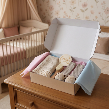 Baby Care Gift Box – Towel, Socks or Headband & Bath Brush for Newborns