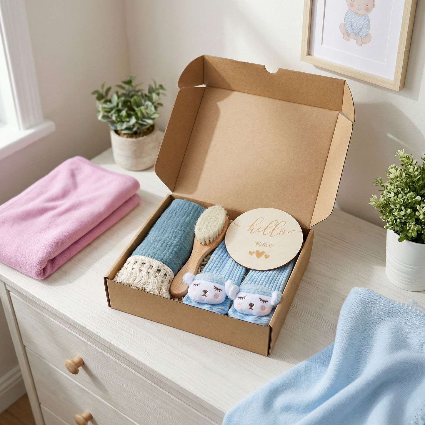 Baby Care Gift Box – Towel, Socks or Headband & Bath Brush for Newborns