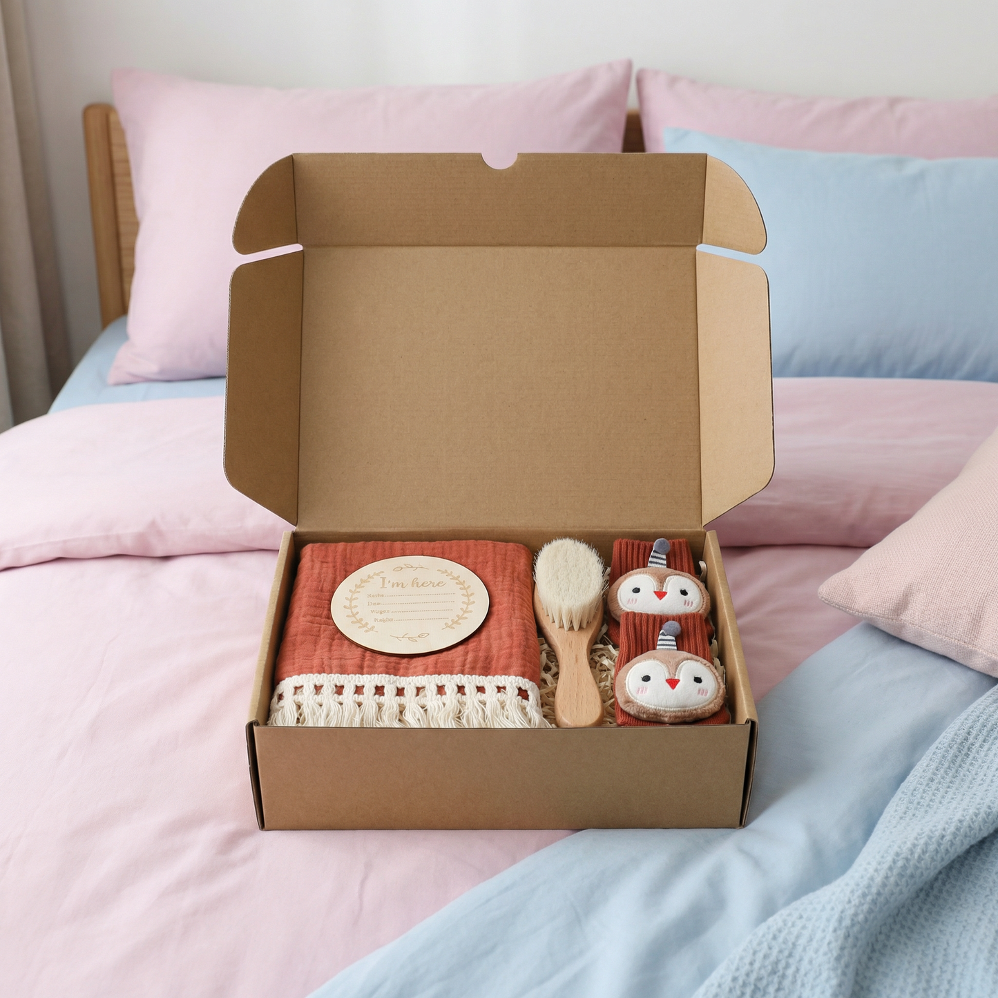 Baby Care Gift Box – Towel, Socks or Headband & Bath Brush for Newborns