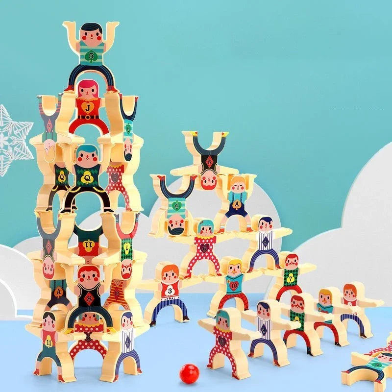 Wooden Stacking Game with Painted Figures for Balance and Building Play