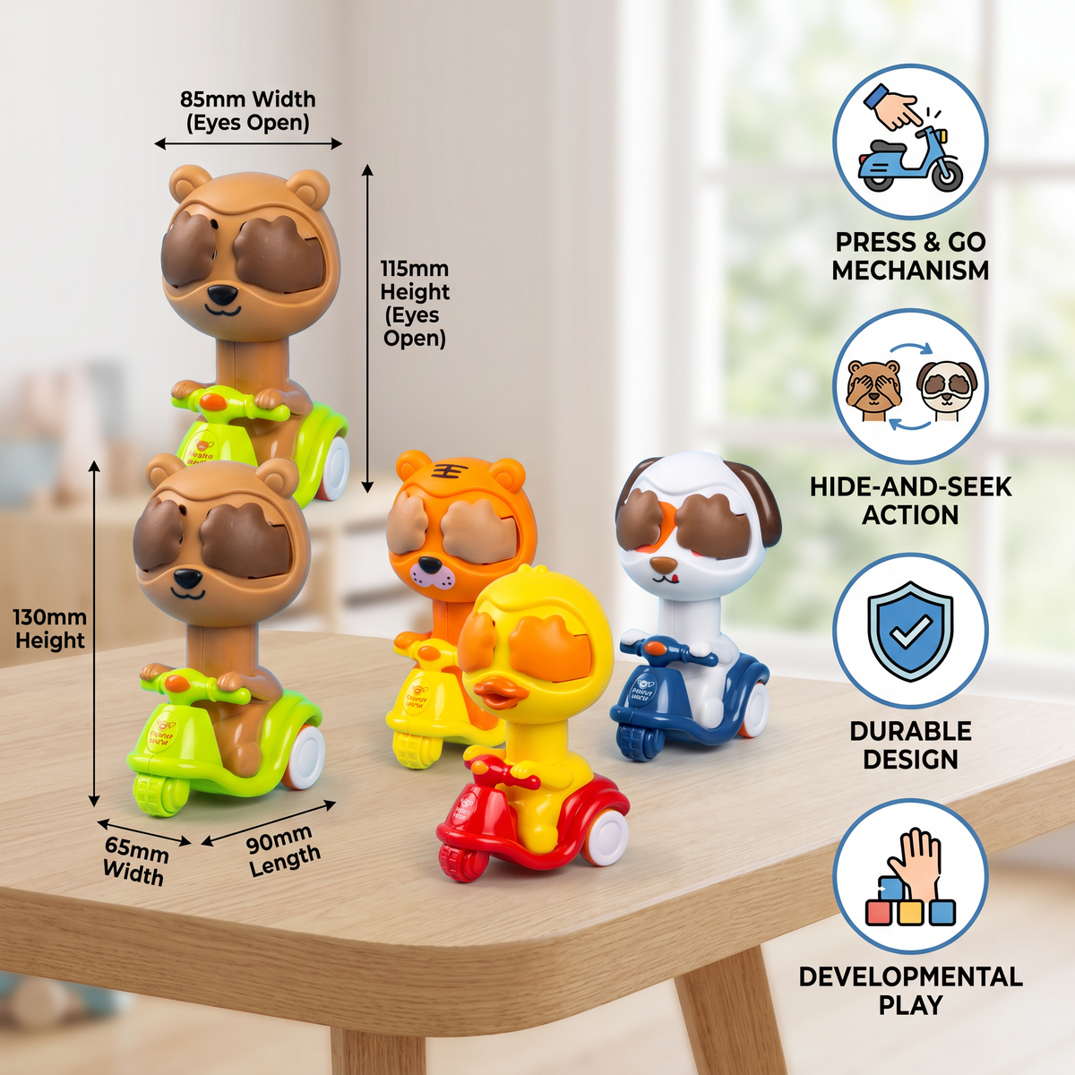 Press & Go Animal Motorcycle Toy – Cute Hide-and-Seek Character Car