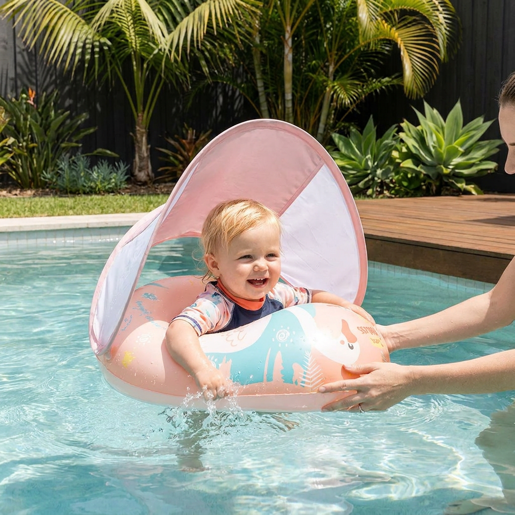 Swan Baby Swim Ring with Sun Canopy – Inflatable Safety Float Seat for Babies