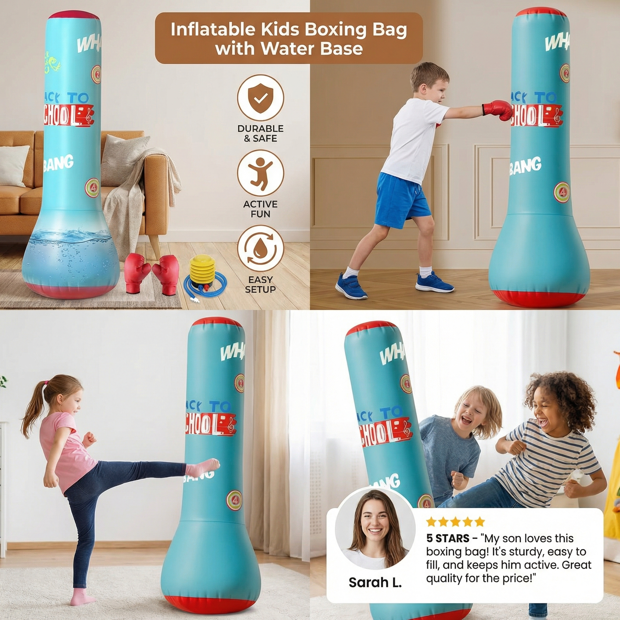 Inflatable Kids Boxing Bag with Weighted Water Base for Indoor Play