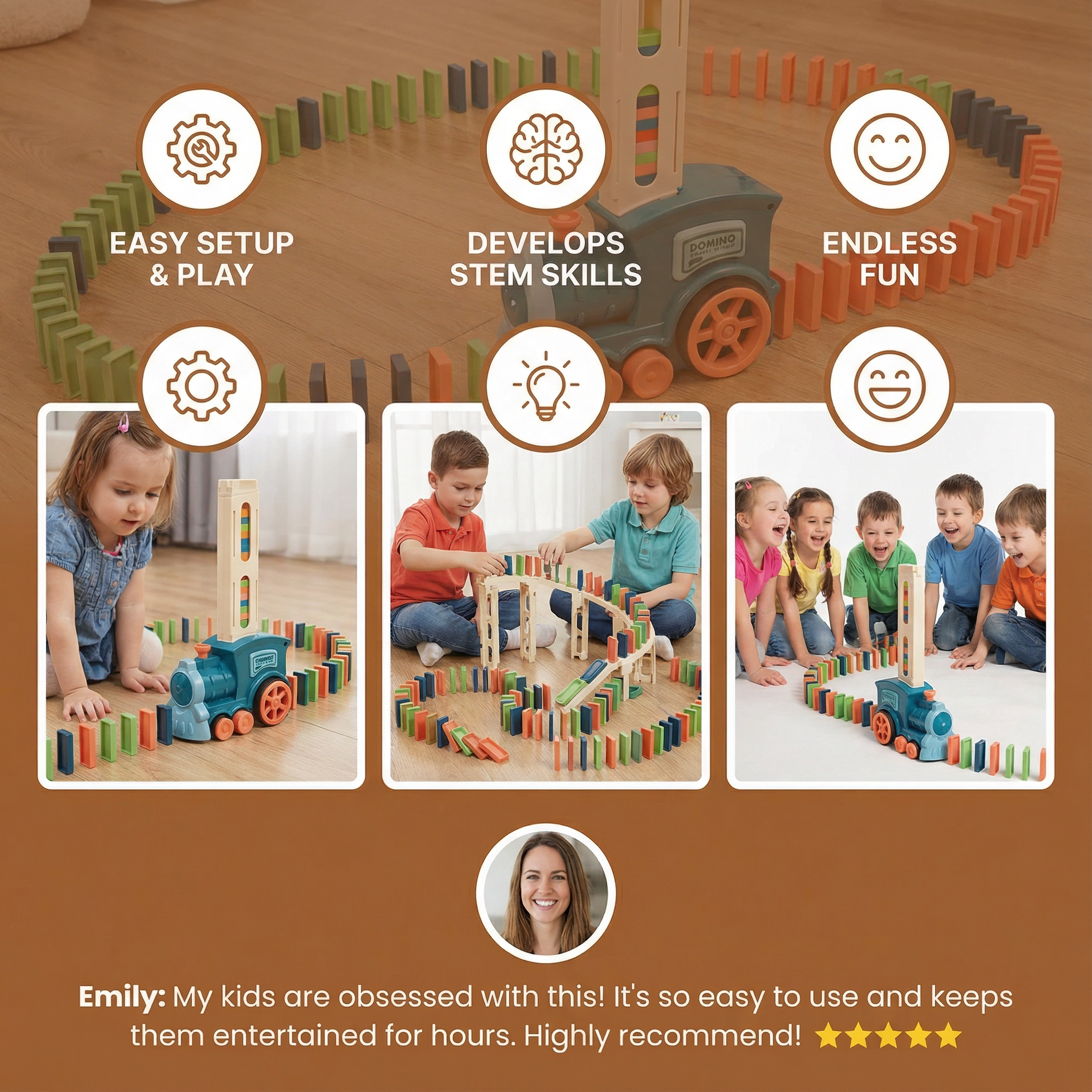Automatic Domino Train Toy with Chain Reaction Track for Kids