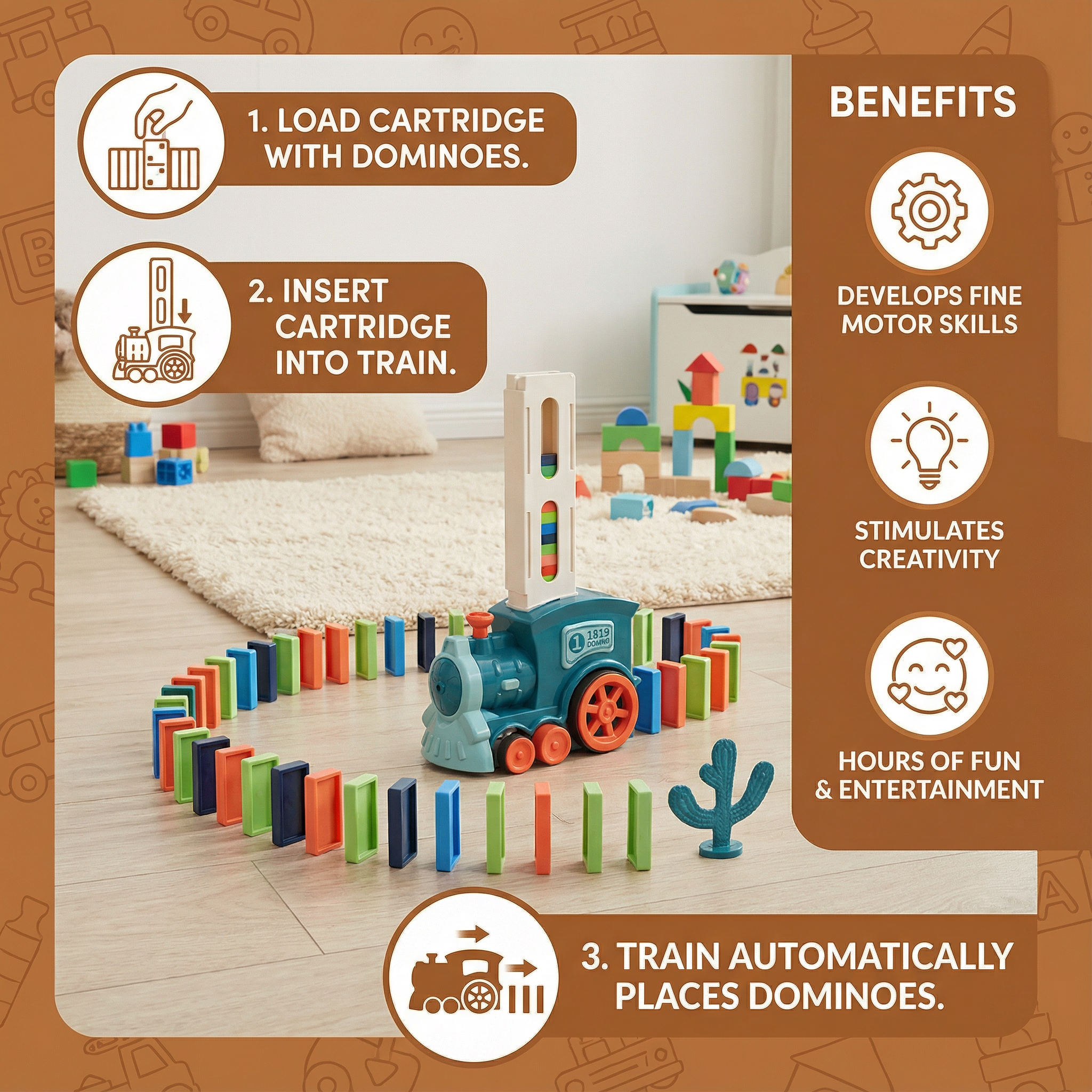 Automatic Domino Train Toy with Chain Reaction Track for Kids