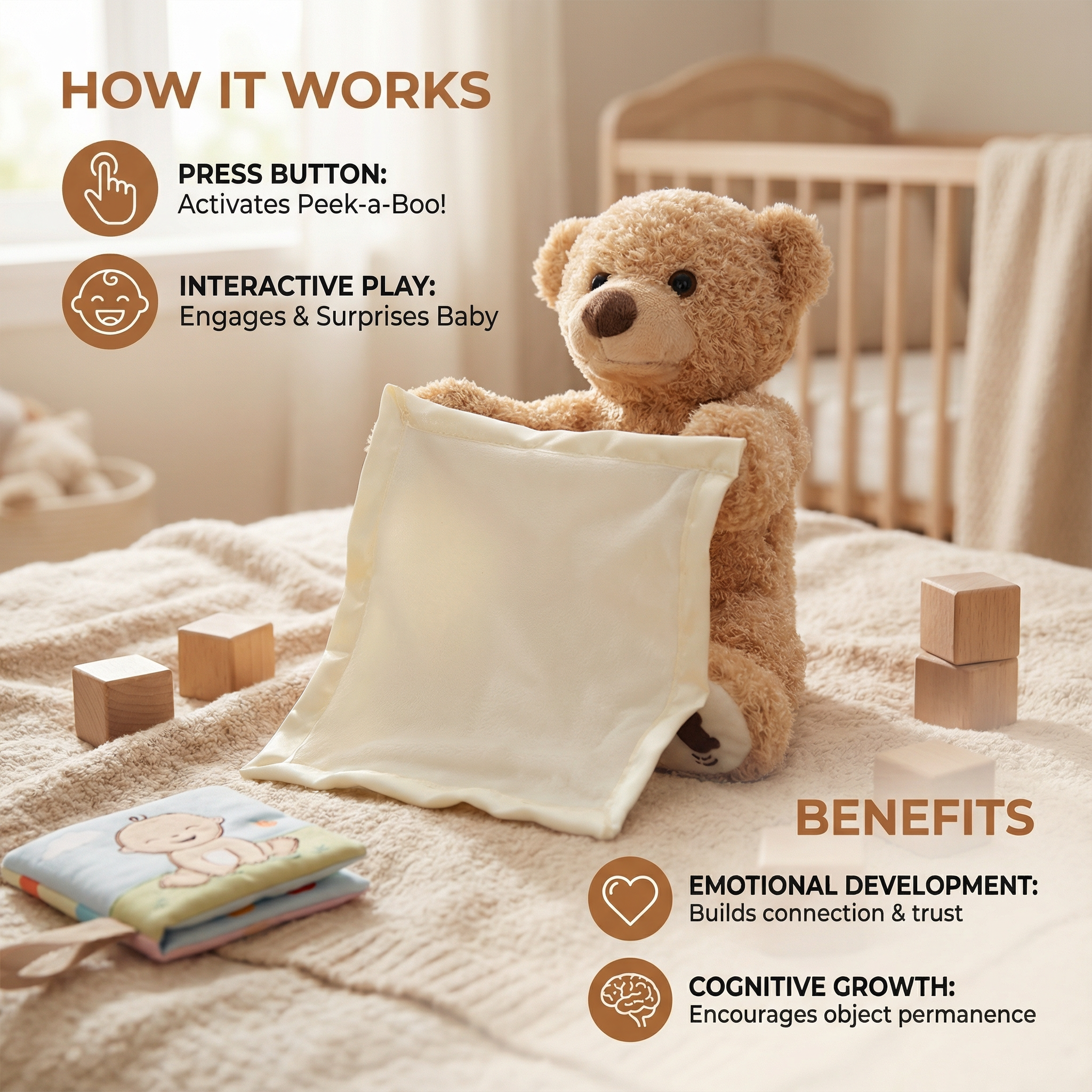 Interactive Peekaboo Teddy Plush Toy with Voice and Movement for Babies