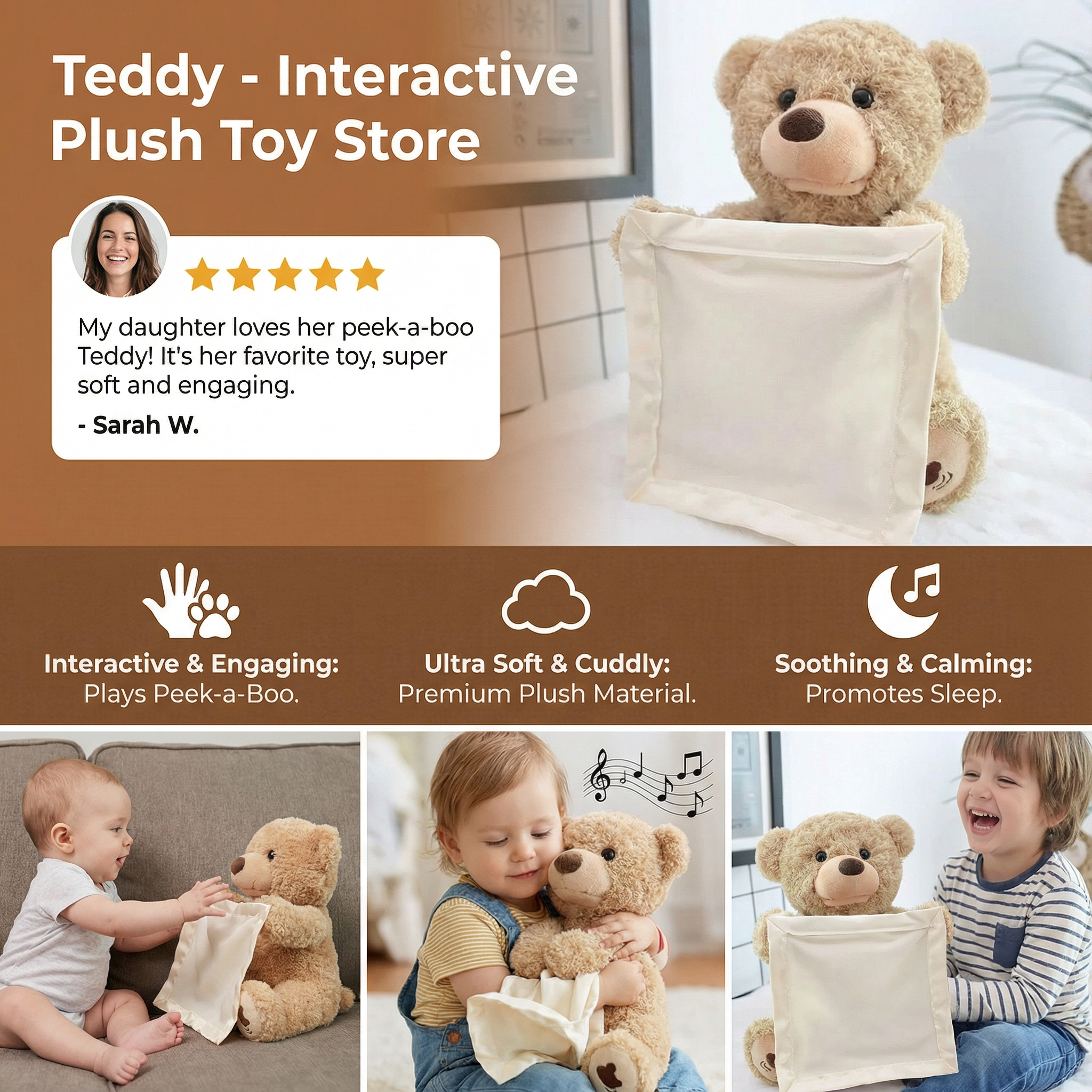 Interactive Peekaboo Teddy Plush Toy with Voice and Movement for Babies