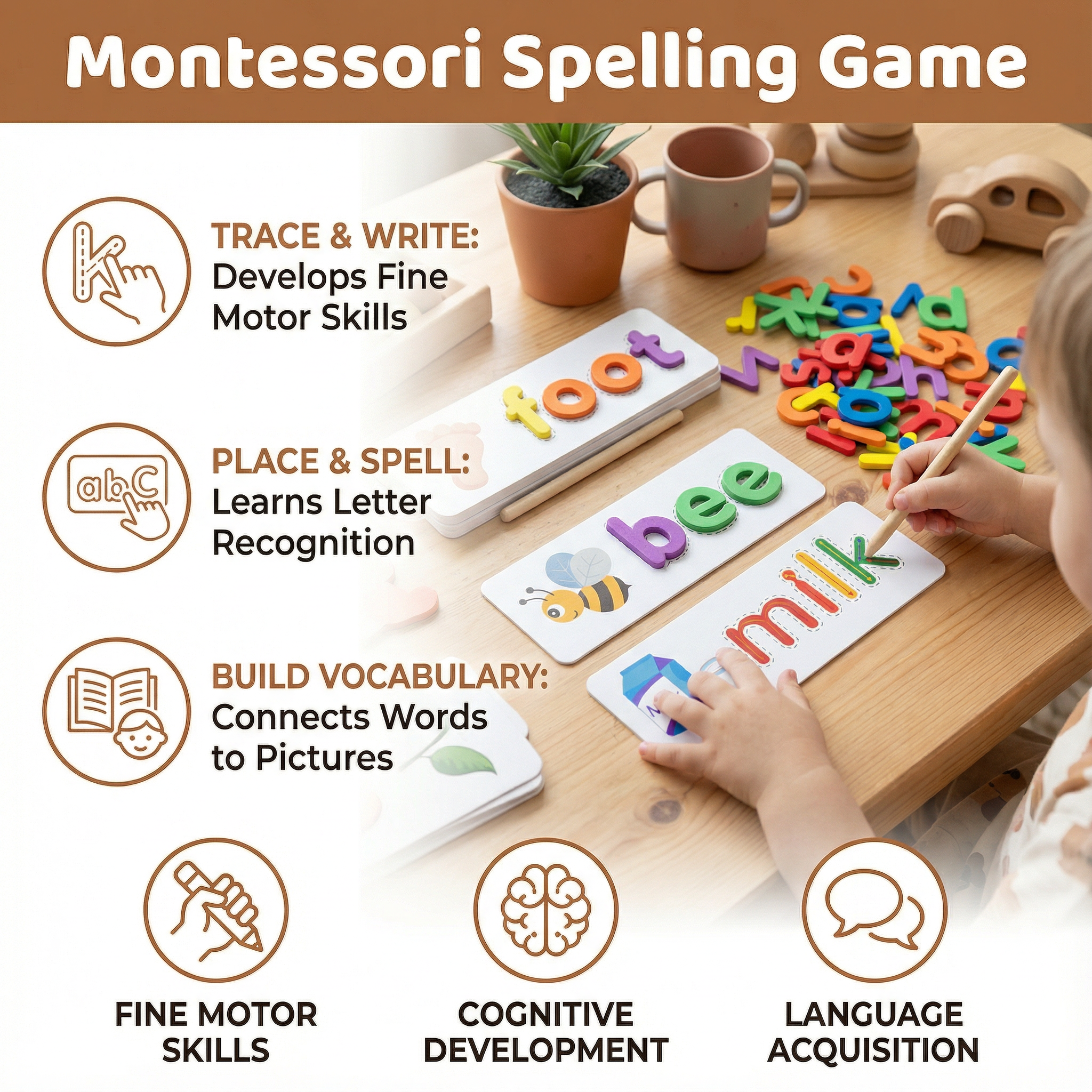 Montessori Spelling Game with Colorful Letters and Picture Cards for Preschoolers