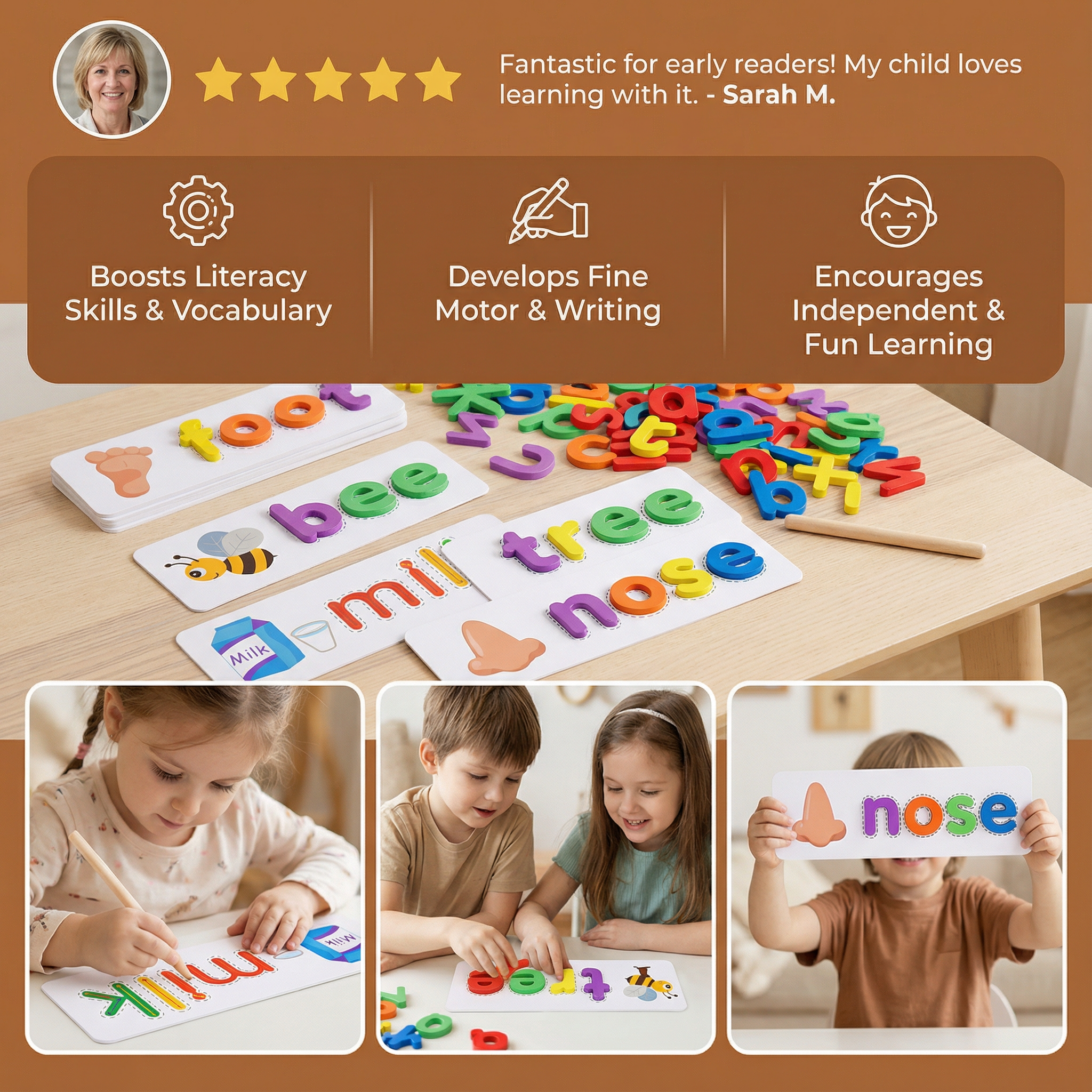 Montessori Spelling Game with Colorful Letters and Picture Cards for Preschoolers