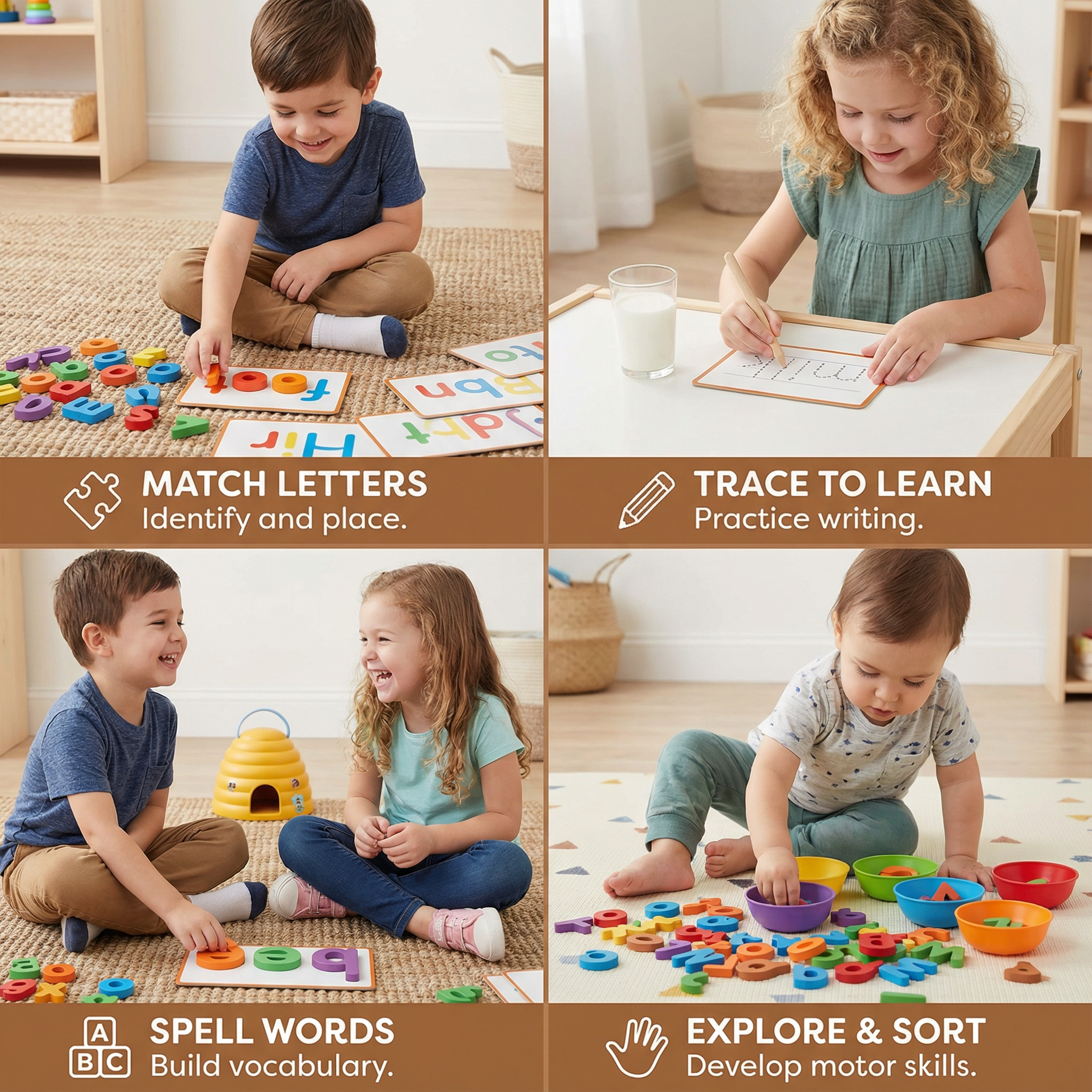 Montessori Spelling Game with Colorful Letters and Picture Cards for Preschoolers