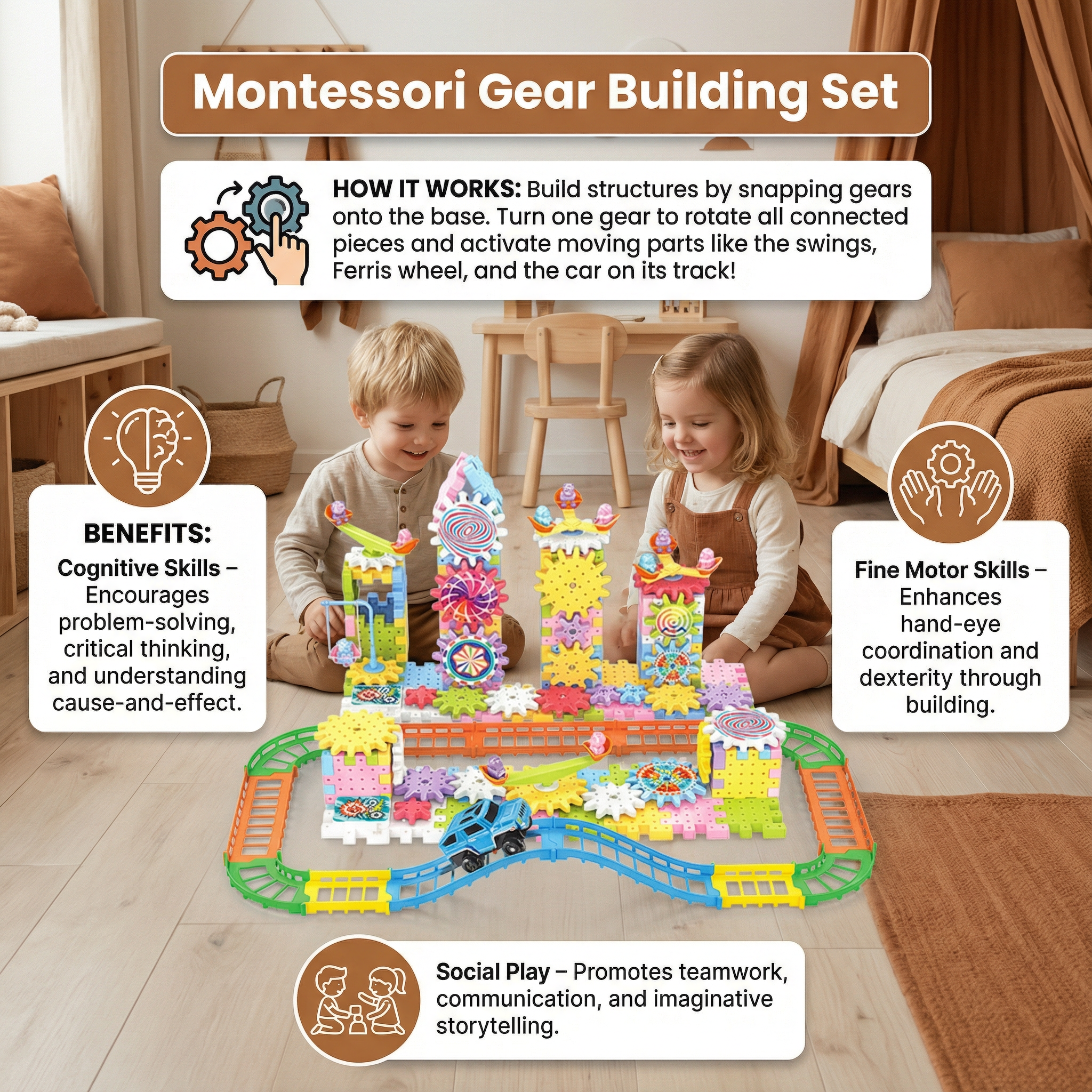 Rotating Gear Montessori Building Blocks Set for Kids