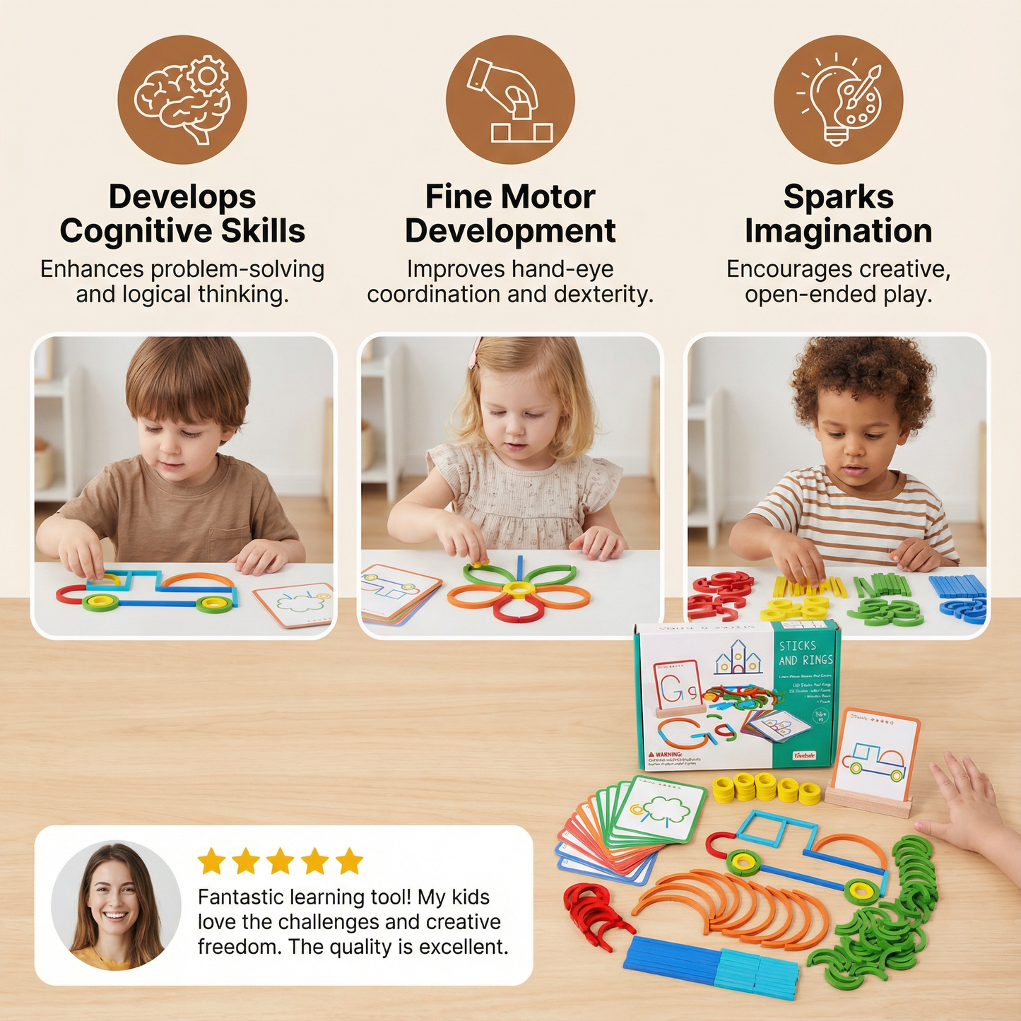 Educational Montessori Sticks and Rings Puzzle Blocks